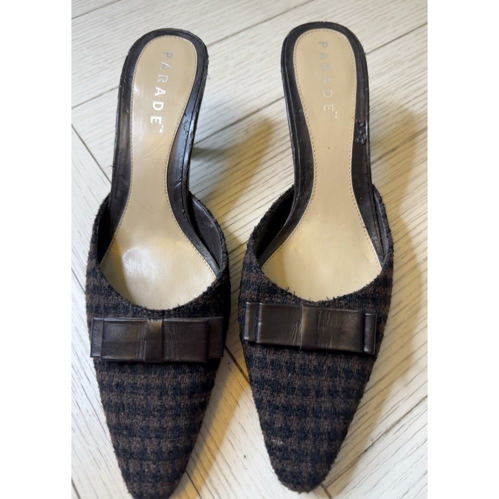 Parade Pointed Toe Gingham Approx 2" Kitten Heel Mules W/ Bow Accent Black Tan‎